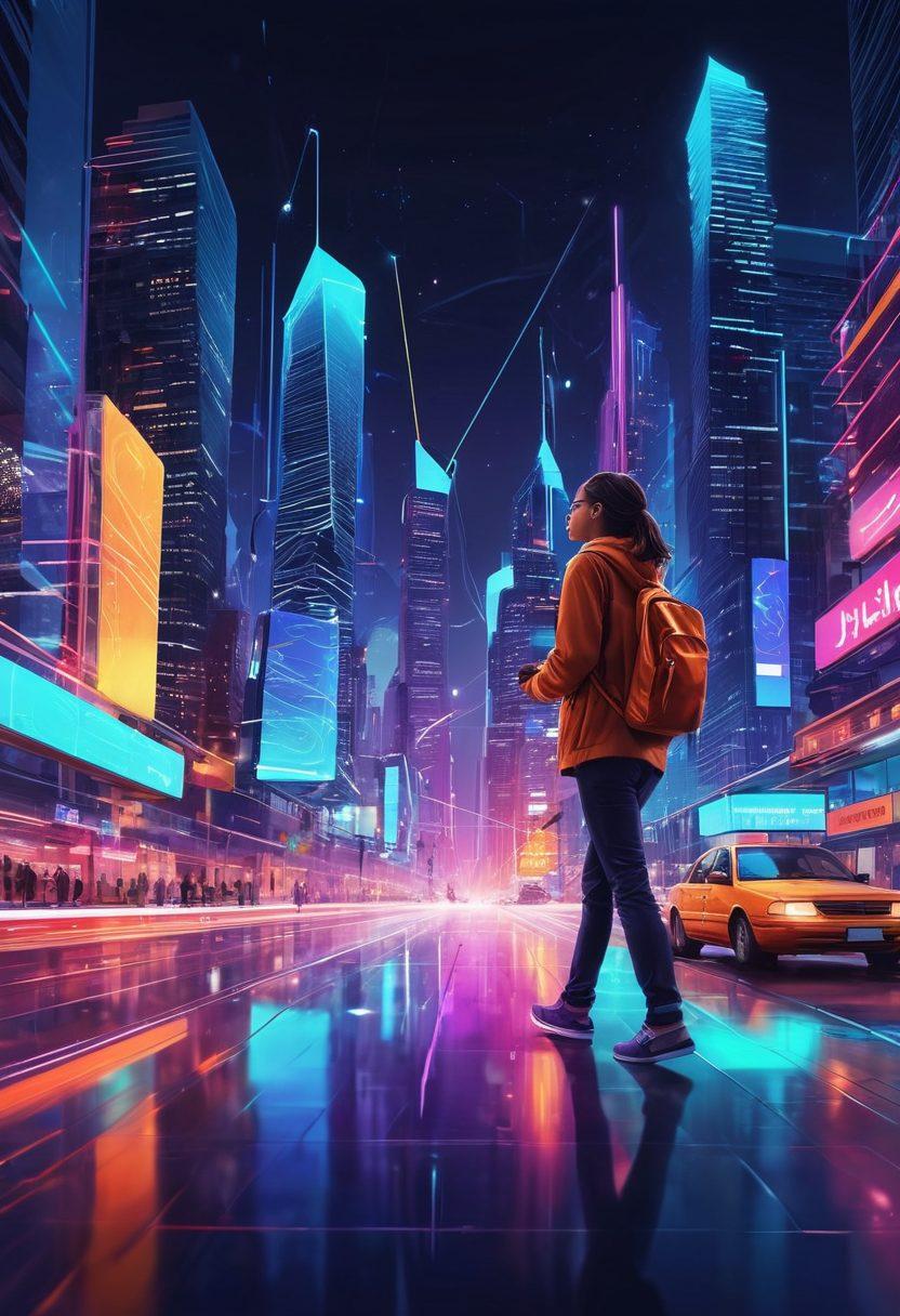 A dynamic, abstract representation of a digital platform showcasing diverse individuals immersed in creative storytelling, interconnected by vibrant data streams and glowing icons. Elements like digital devices, narrative symbols (like books and pens), and colorful avatars should be present, emphasizing community and creativity. The background should blend futuristic cityscape elements with a sense of movement and fluidity. neon colors. vector art.
