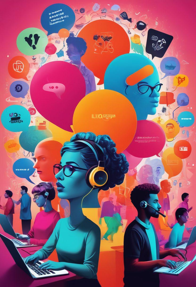 A vibrant digital collage featuring a diverse group of people sharing ideas, with speech bubbles filled with symbols of creativity and content creation, such as pens, microphones, and laptops. The background showcases a blend of colors representing inspiration and passion, with elements of gaming woven into the design, such as controller icons and pixel art characters. The scene is lively, inviting, and reflects the theme of uniting voices through captivating content creation. bright colors. vector art. dynamic composition.